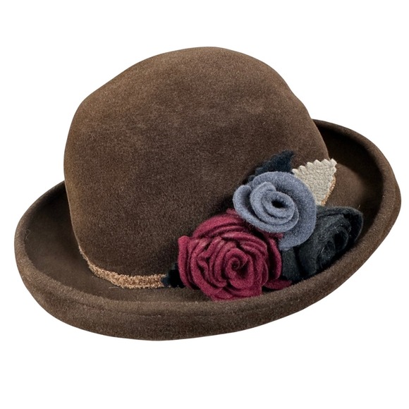 Laura\'s Lids Brown Wool Felt‎ Cloche Hat Floral Pin Removable Vintage